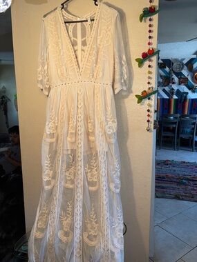 NWOT WISHLIST bohemian-style lace maxi dress with lace overlay with shorts under